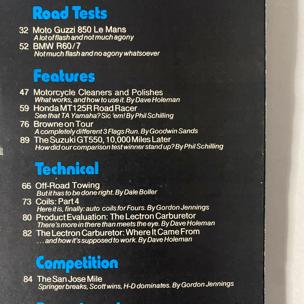 Back cover of Cycle Magazine August 1977, listing road tests, features, and technical articles including motorcycle cleaners, Honda MT125R, and the Lectron carburetor.