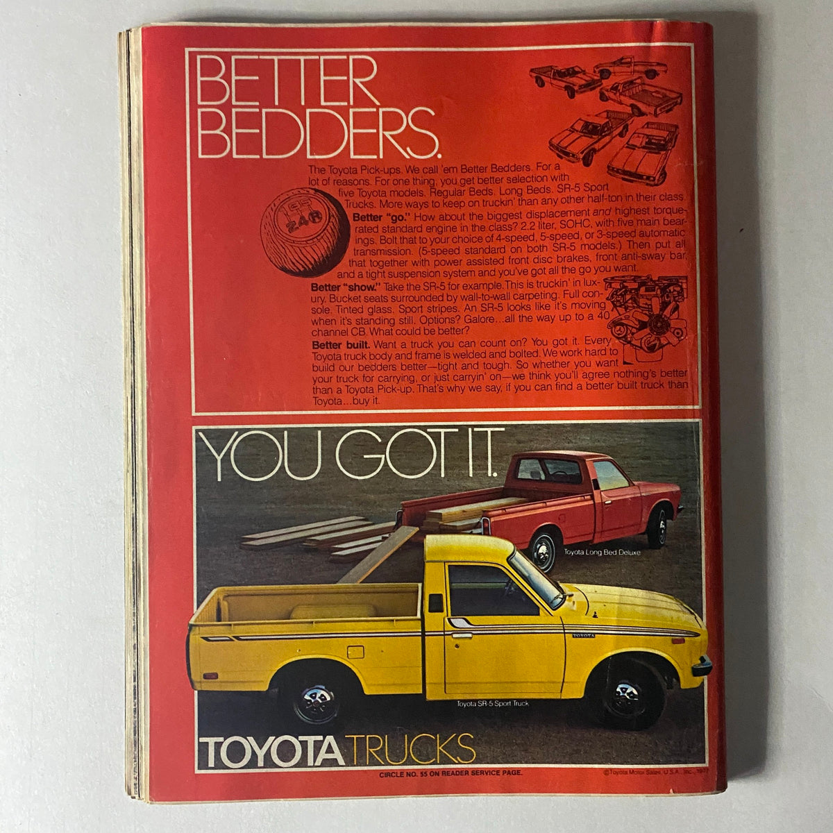 Cycle Magazine August 1977 showcasing an advertisement for Toyota Trucks, highlighting features and models with a focus on the Toyota SR5 Sport Truck and Long Bed Deluxe.