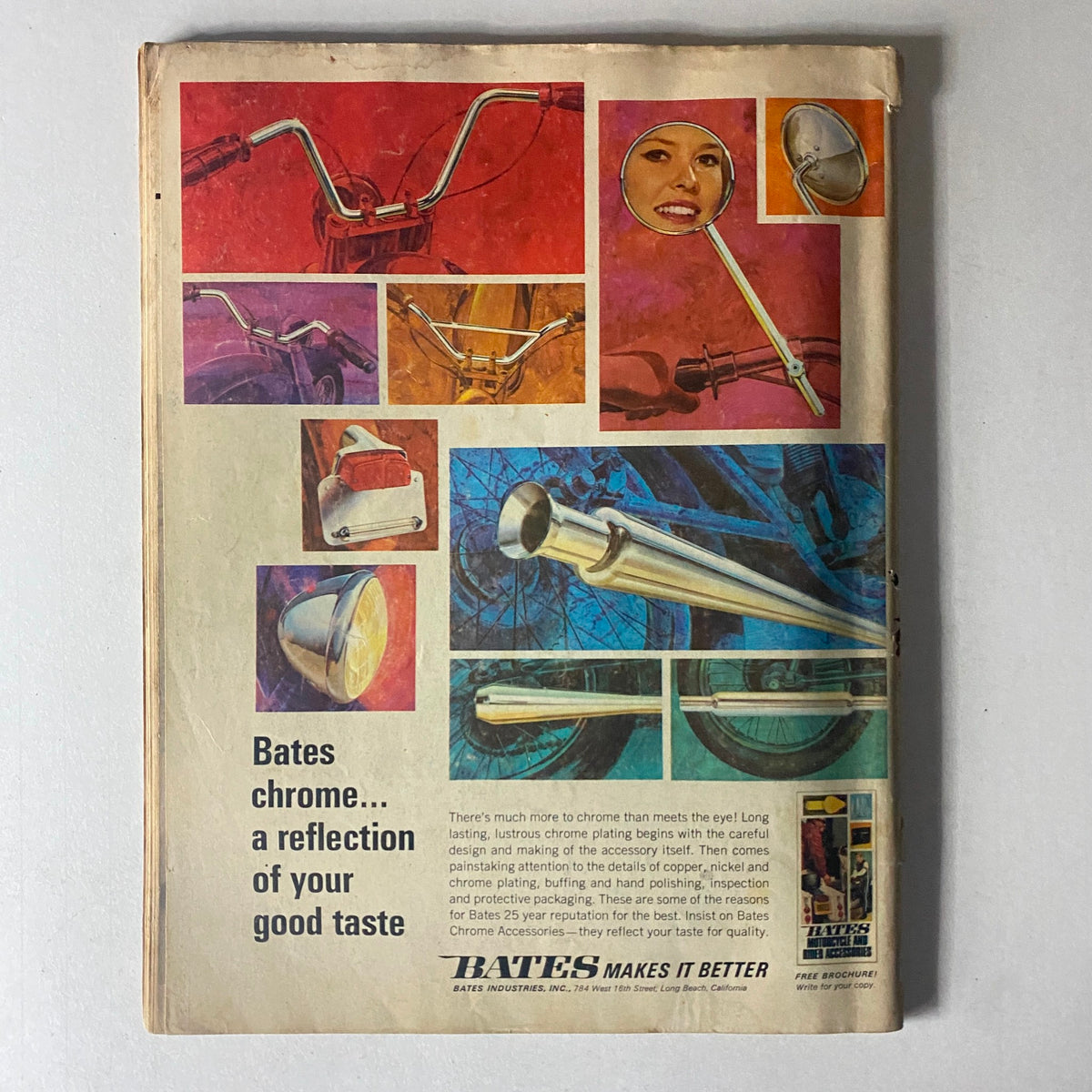Back cover of Cycle World Magazine March 1969, showcasing Bates Chrome accessories advertisement with colorful images of motorcycle parts.