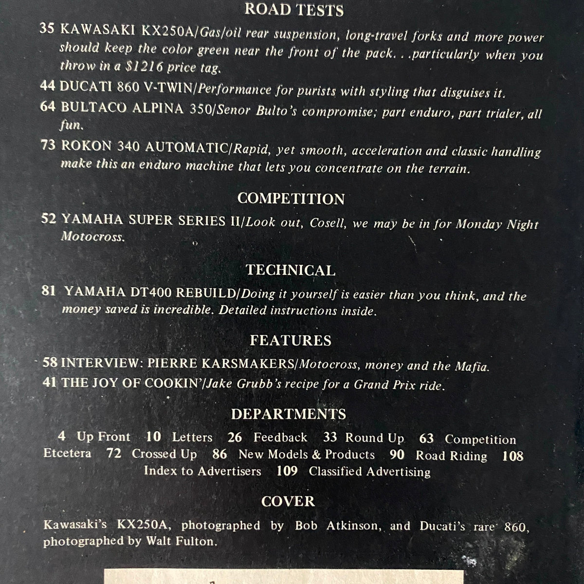 Back cover of Cycle World Magazine July 1975, highlighting road tests and features including Ducati 860 V-Twin and Yamaha DT400.