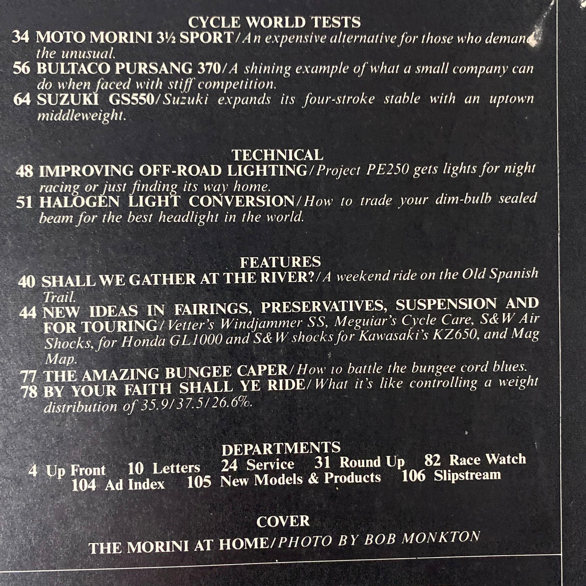 Table of contents of Cycle World Magazine August 1977, highlighting features on Moto Morini 3½ Sport, Bultaco Pursang 370, and Suzuki GS550.