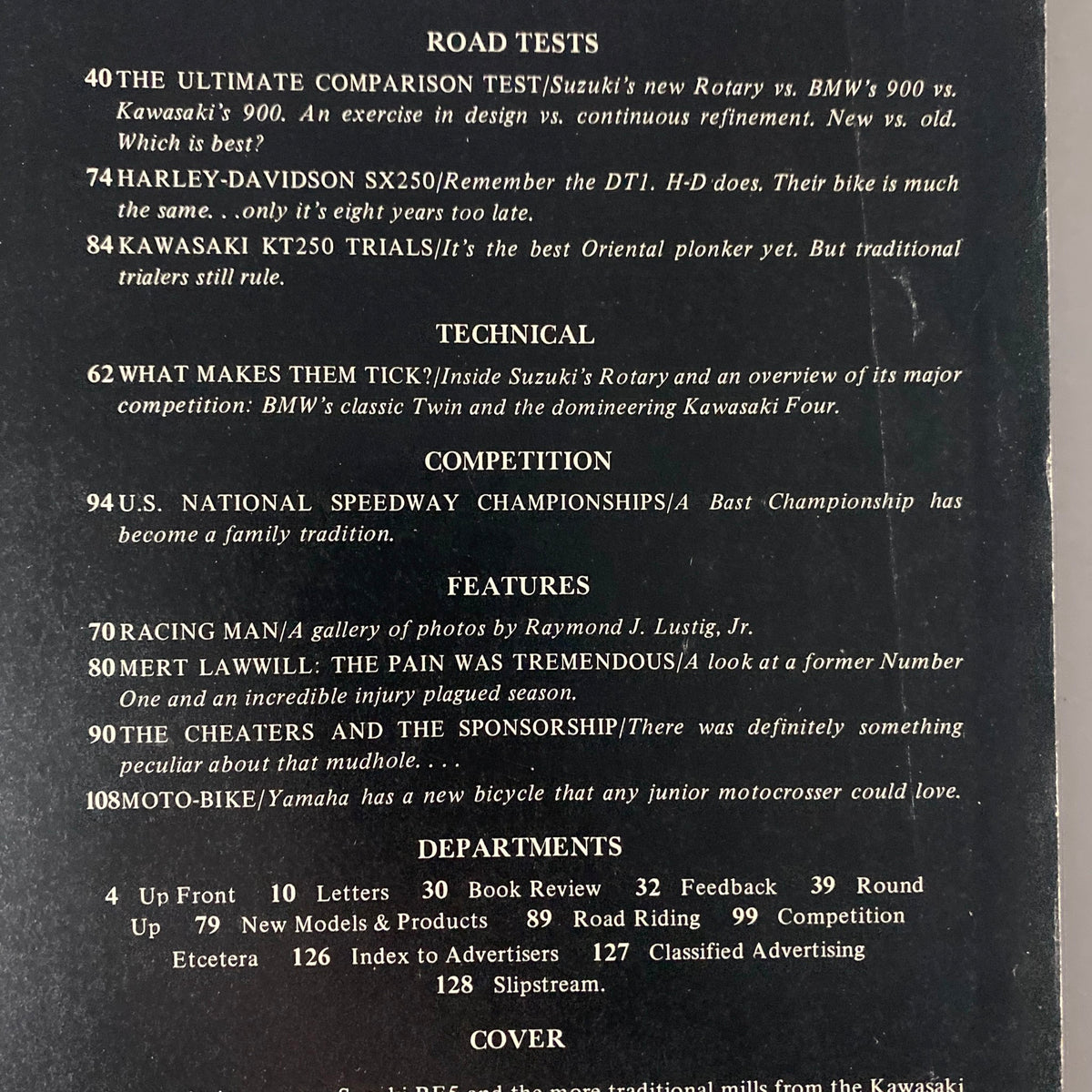 Cycle World Magazine February 1975 interior page highlighting key articles such as the Ultimate Comparison Test of Suzuki's rotary engine against BMW's 900 and Kawasaki's models.
