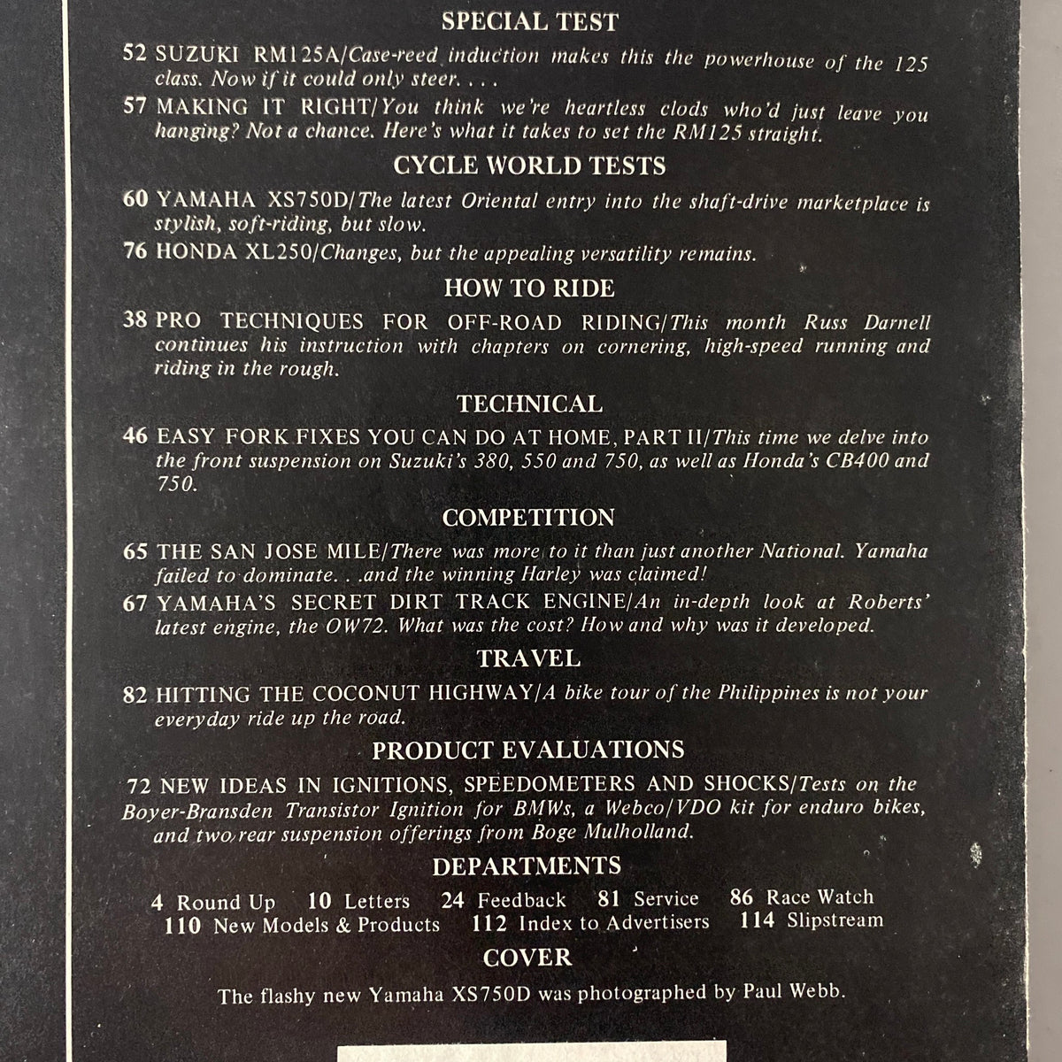 Back cover of Cycle World Magazine August 1976 displaying an index of articles including features on Suzuki RM125, Yamaha XS750D, and off-road riding techniques.