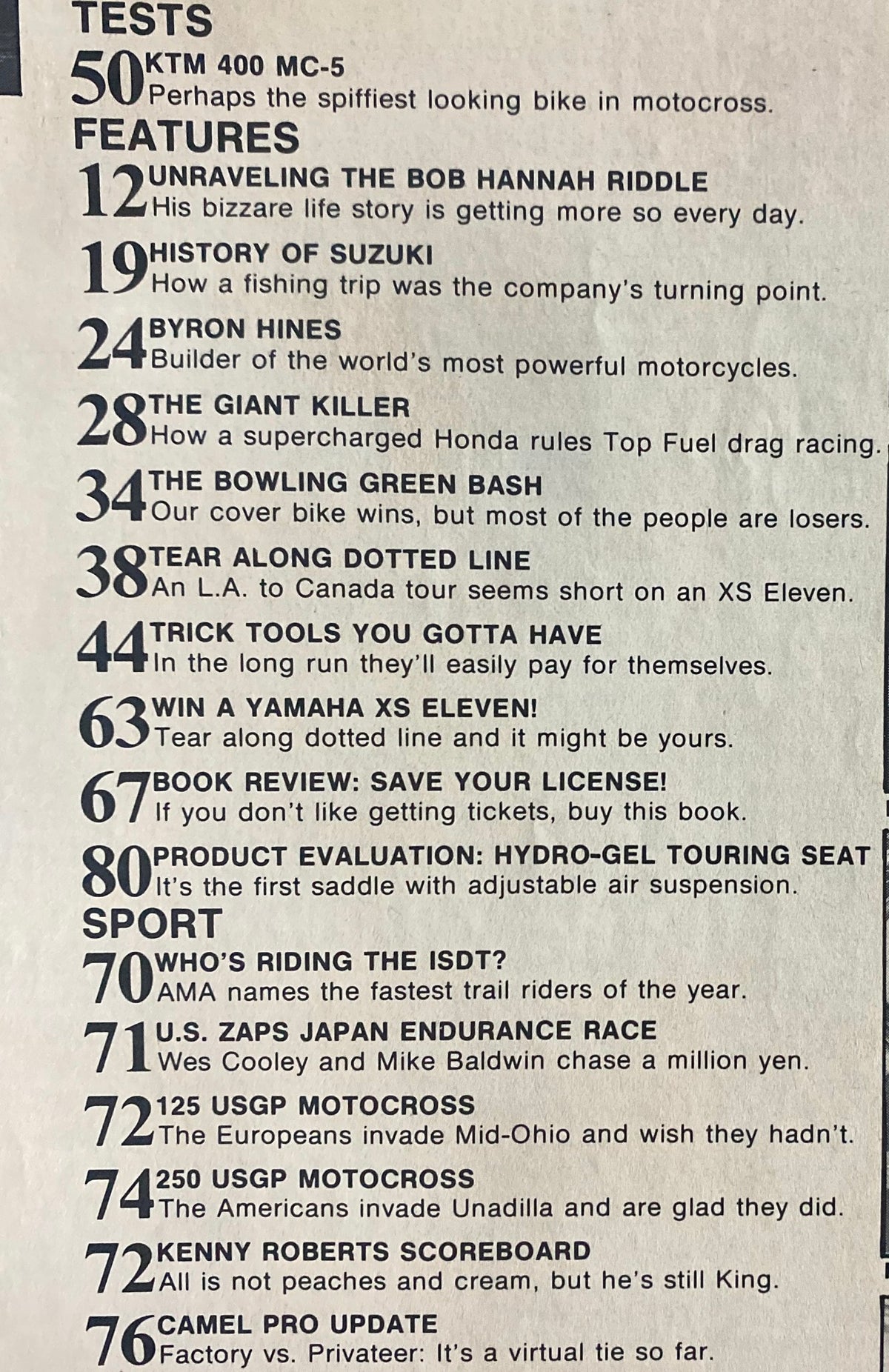 Contents page from Motorcyclist Magazine October 1978 showcasing featured articles including the KTM 400 MC-5 test and Bob Hannah's story.