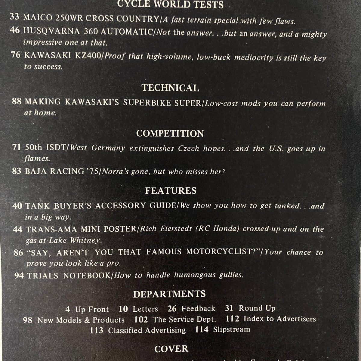 Table of contents from Cycle World Magazine February 1976, detailing features including the Husqvarna 360 Automatic test and motorcycle competitions.