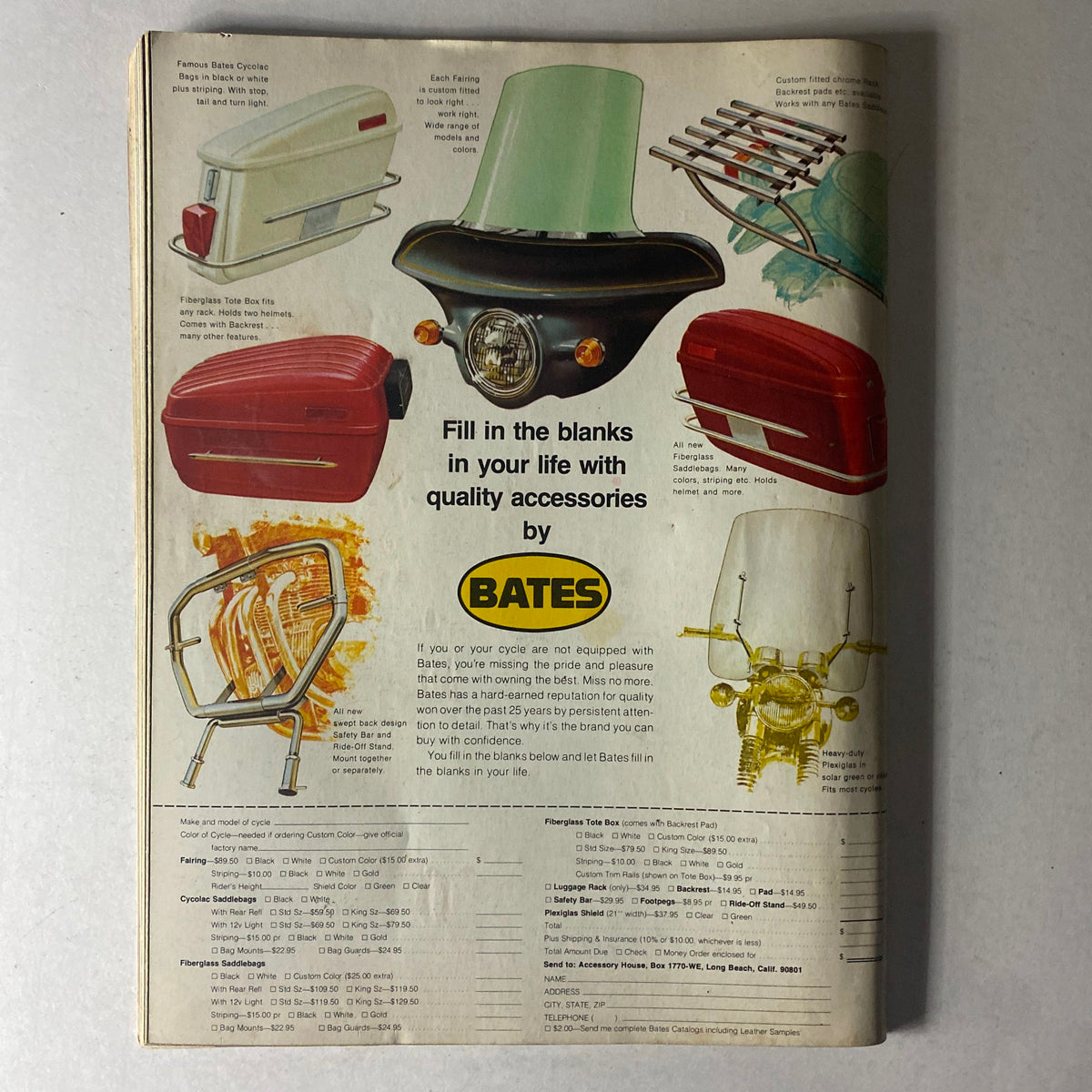 Advertisement page from Cycle World Magazine November 1975 for Bates motorcycle accessories, complementing the Suzuki RM250 and 370 MXERS features.