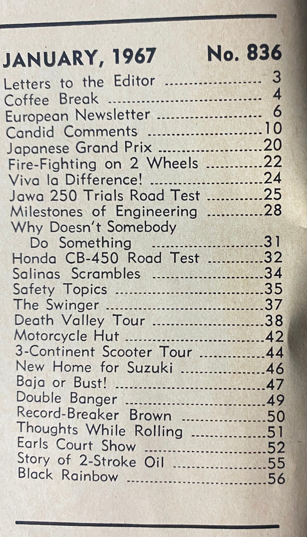 Table of contents of Motorcyclist Magazine January 1967 No. 836. It includes articles such as 'Japanese Grand Prix', 'Fire-Fighting on 2 Wheels', and 'Death Valley Tour', providing a glimpse into the motorcycle culture of the 1960s.