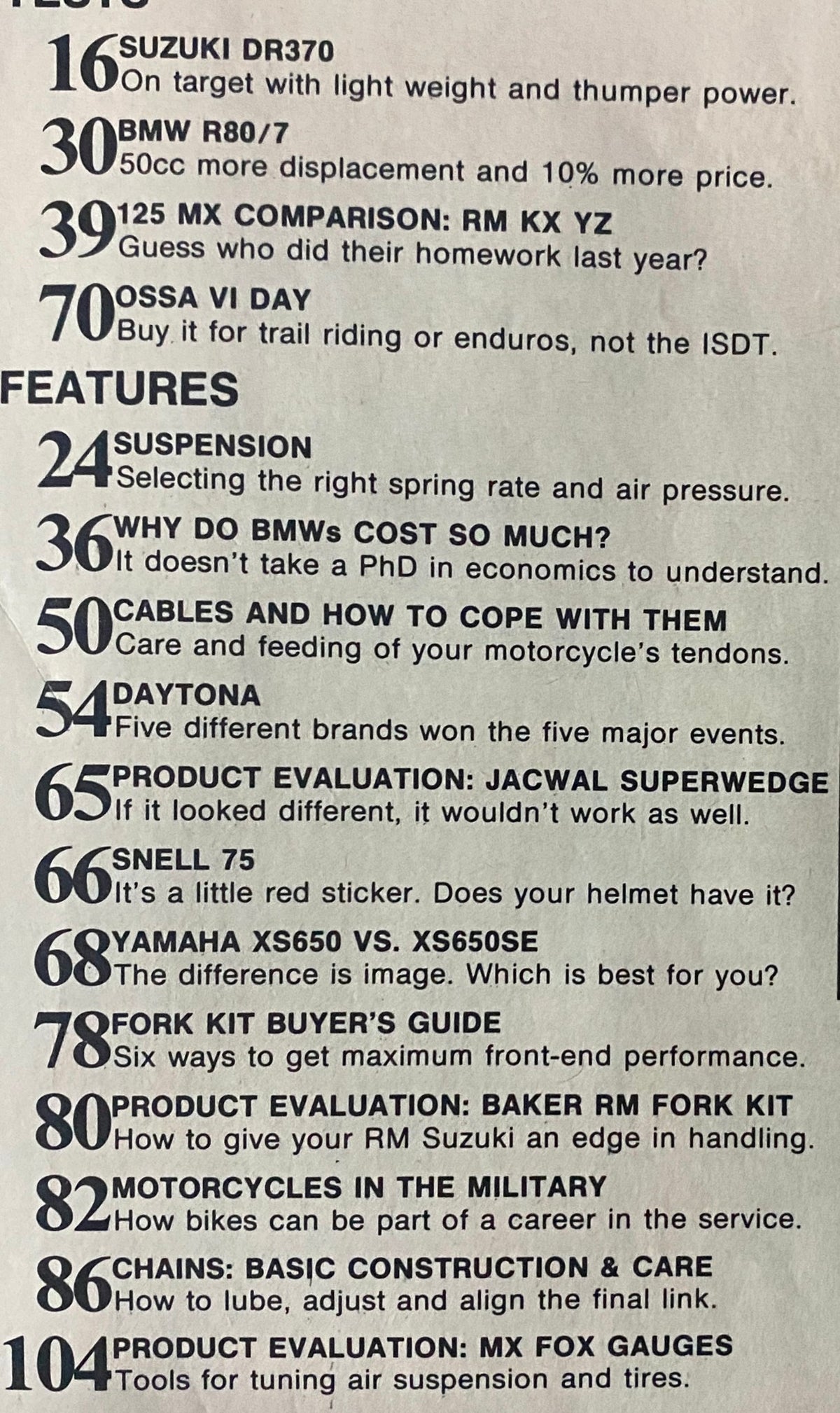 Contents page of Motorcyclist Magazine June 1978, detailing features on the Suzuki DR370, BMW R80/7 comparisons, and motorcycle maintenance tips.