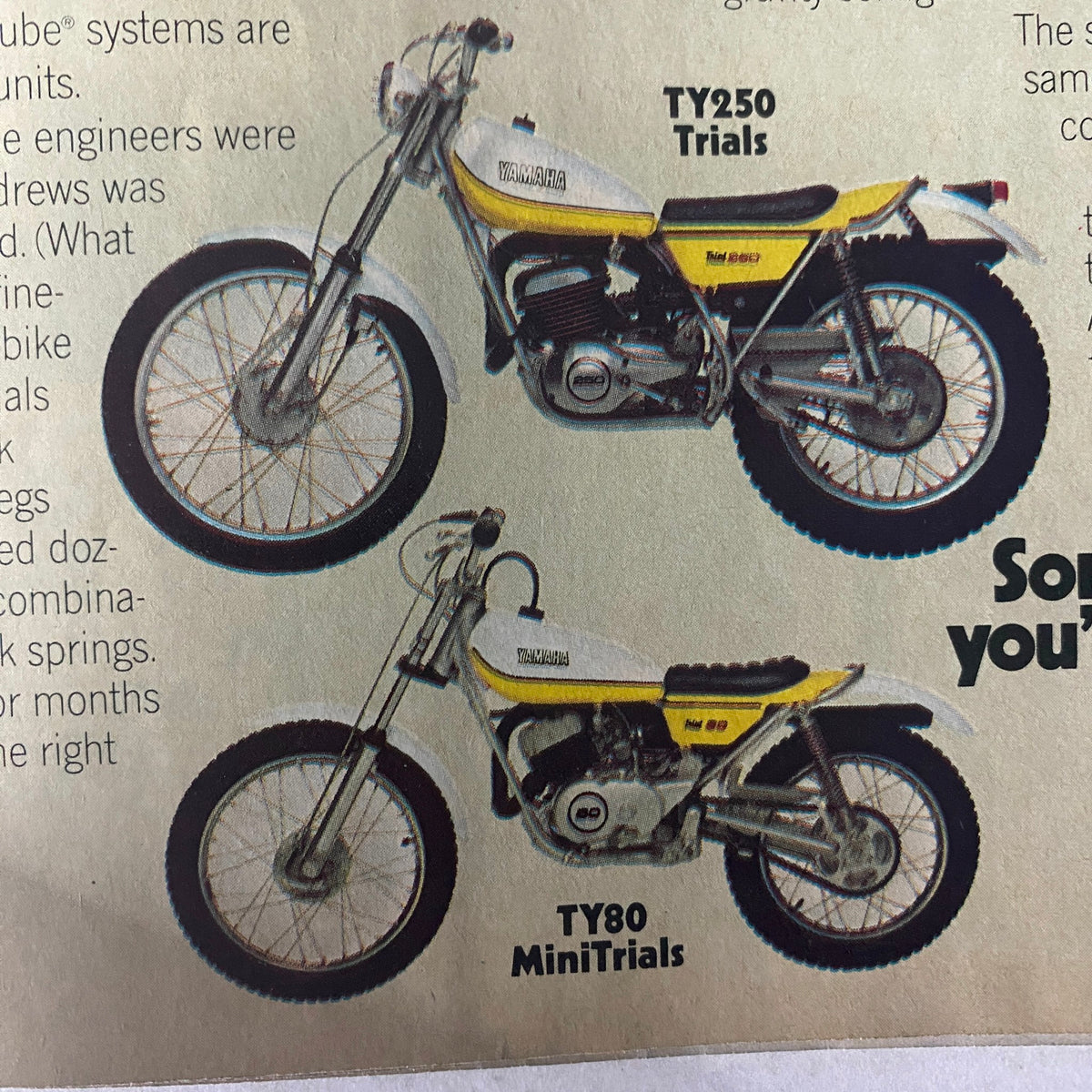 Image displaying two Yamaha motorcycles, TY250 Trials and TY80 MiniTrials, featured in Motorcyclist Magazine, November 1973.