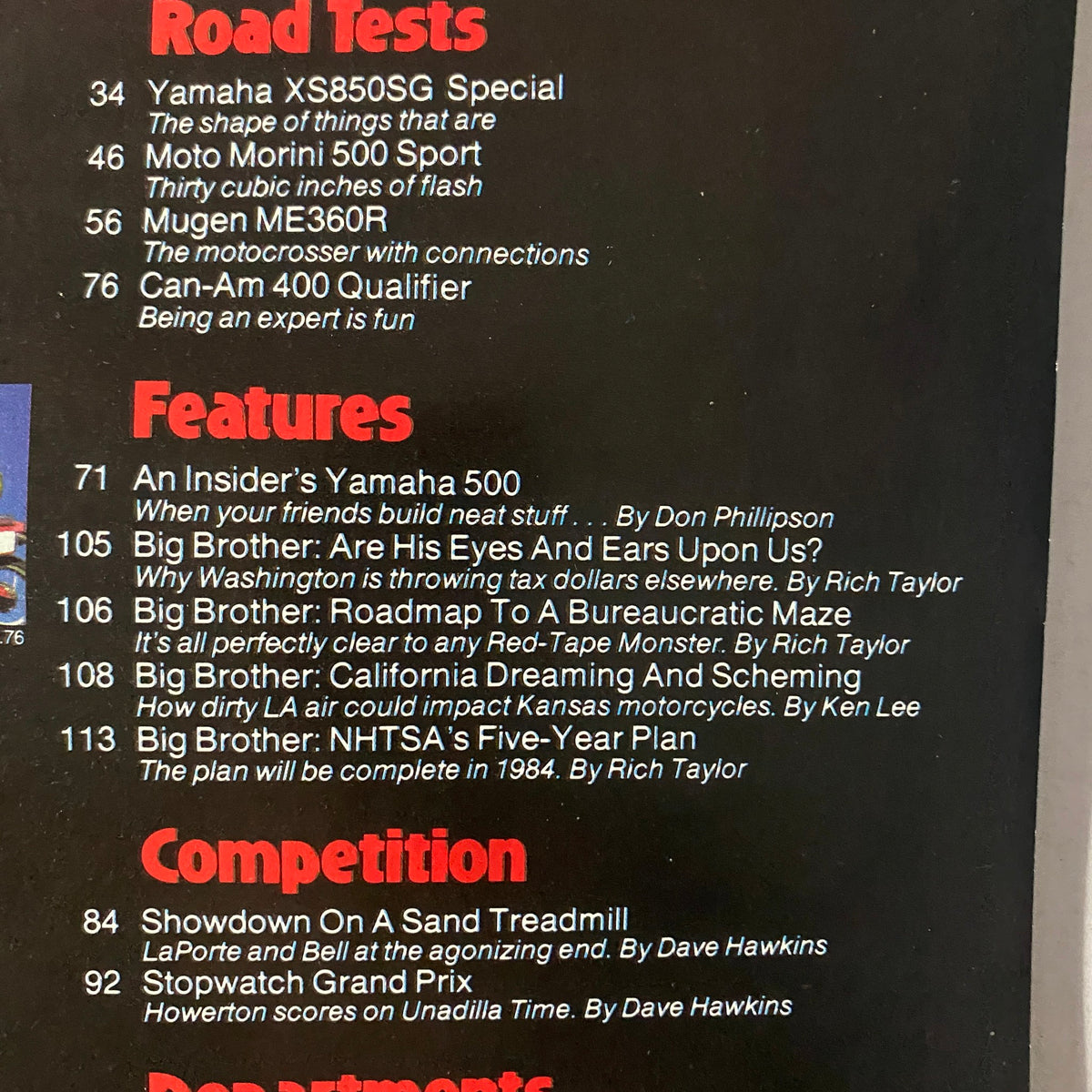 Contents page of Cycle Magazine December 1979 detailing road tests and features including the Yamaha XS850SG Special and articles on motorcycle regulations.