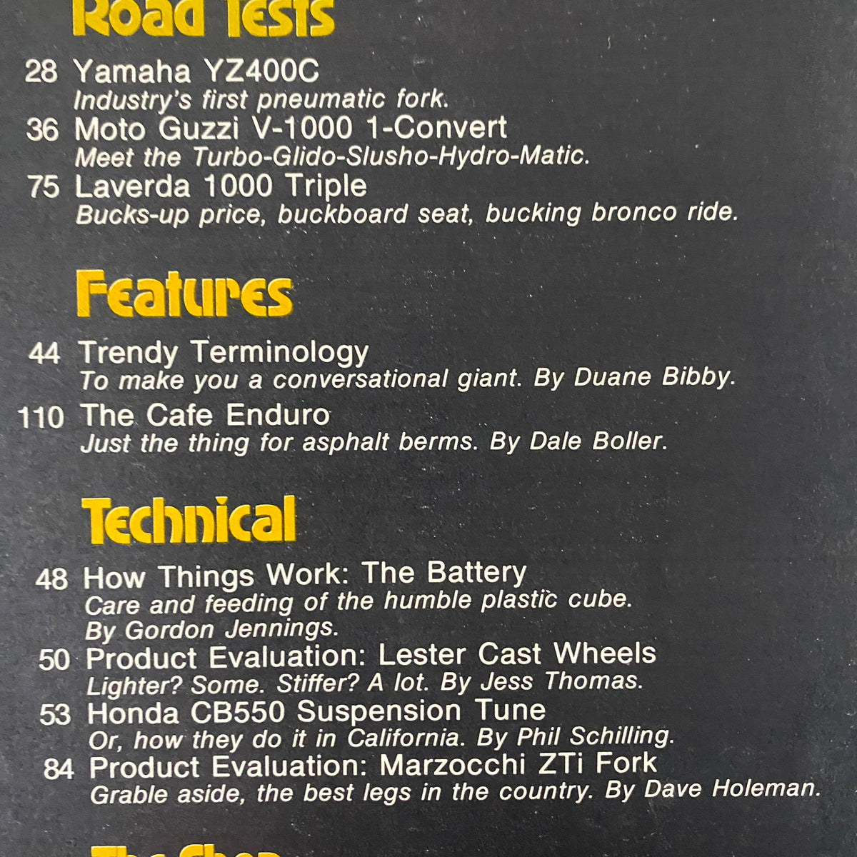 Inside page from Cycle Magazine March 1976 featuring road tests of Yamaha YZ400C and Moto Guzzi V-1000 1-Convert, showcasing the innovative motorcycle technology of the time.