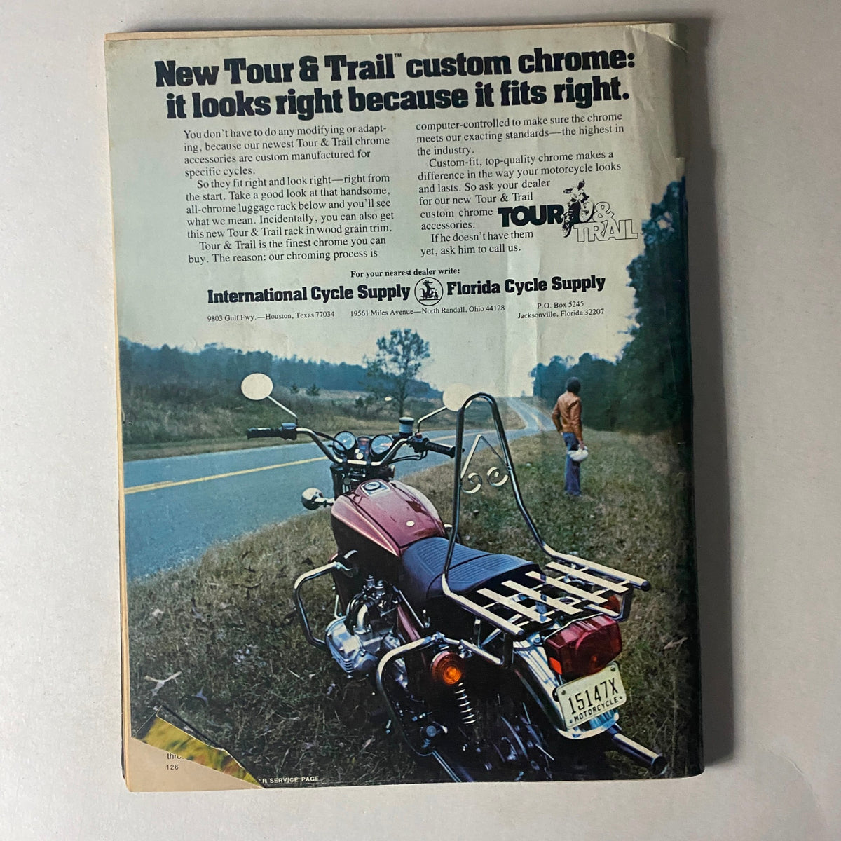 Back cover of Cycle Magazine March 1976 advertising Tour & Trail custom chrome accessories for motorcycles, highlighting functional design and quality.