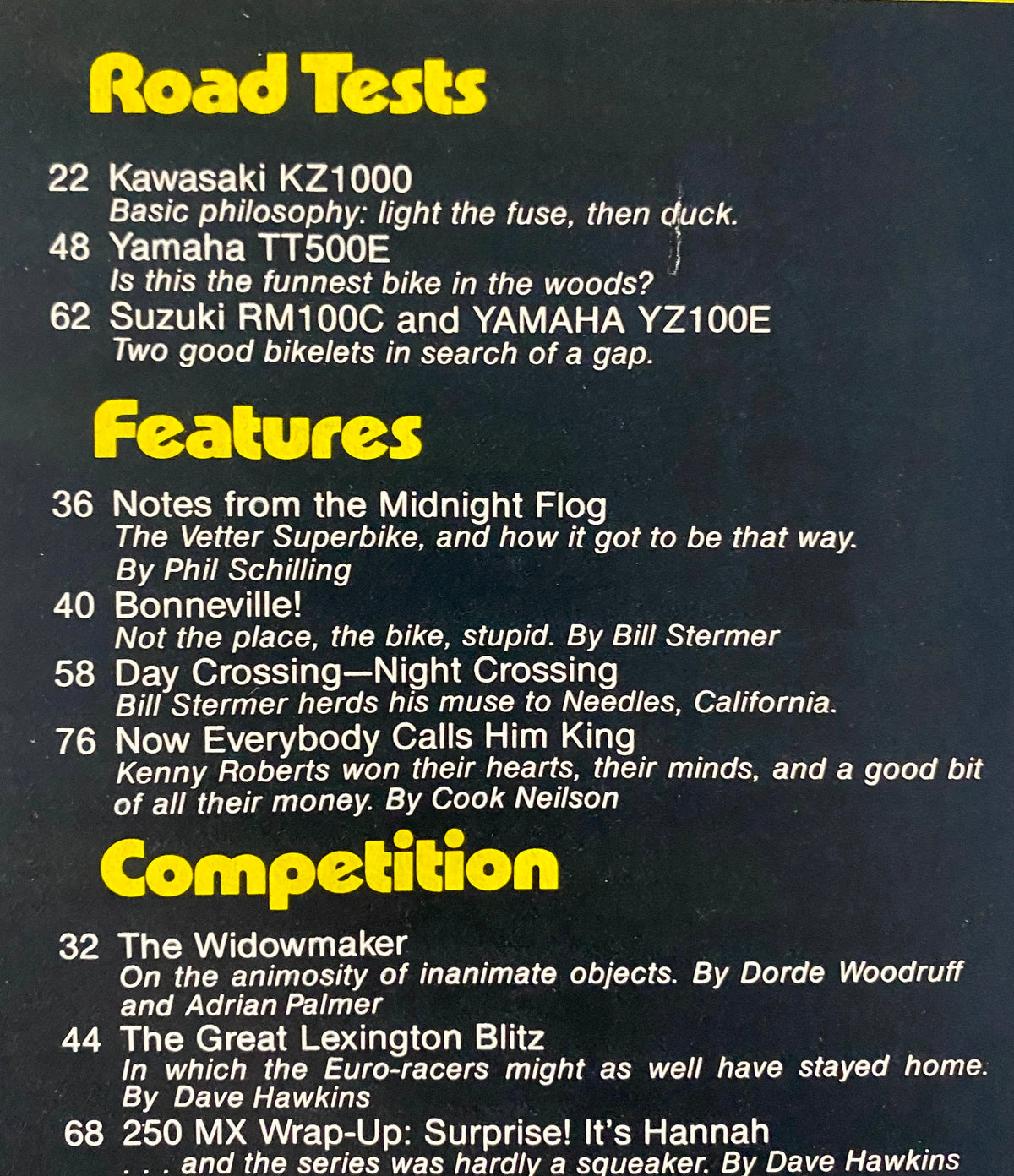 Table of contents from Cycle Magazine November 1978 listing road tests and features including the Kawasaki KZ1000 and Yamaha TT500E.