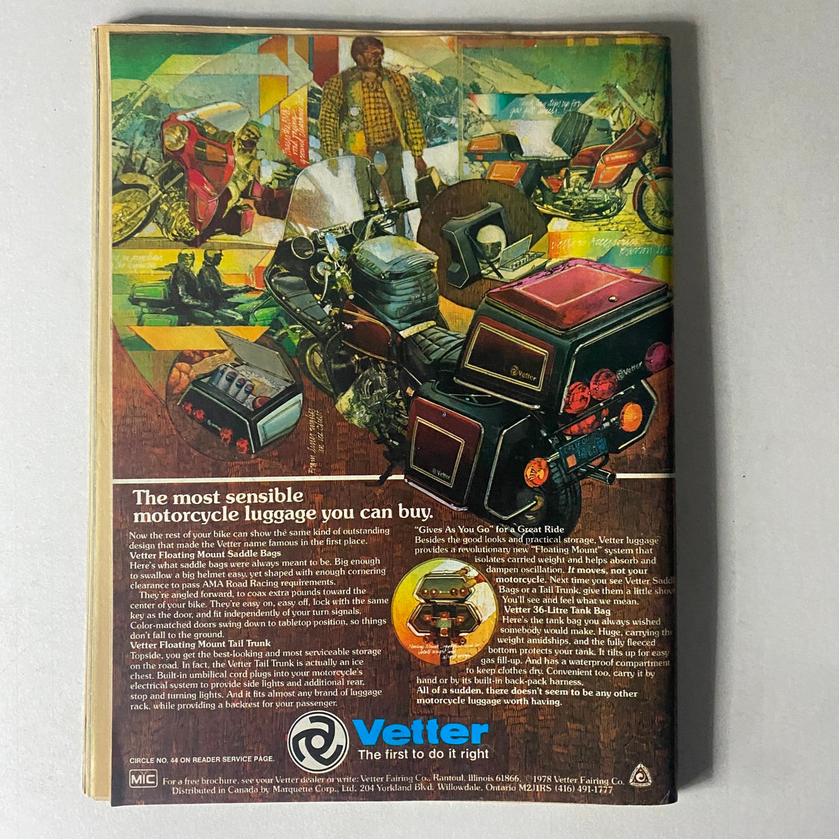 Back cover of Cycle Magazine November 1978 advertising Vetter motorcycle luggage, showcasing innovative storage solutions.