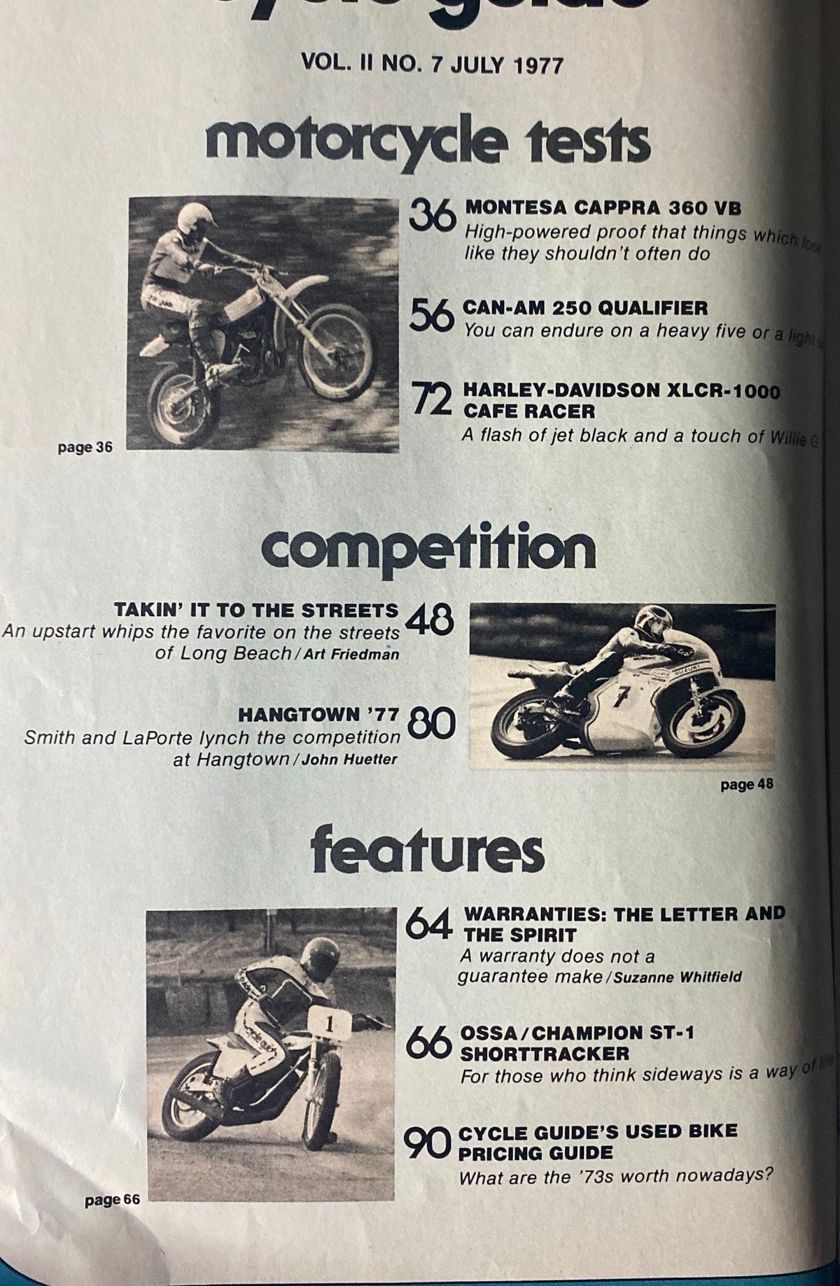 Inside page of Cycle Guide Magazine, July 1977, highlighting motorcycle tests including Montesa Caprra 360 VB and Harley-Davidson XLCR-1000 Café Racer.