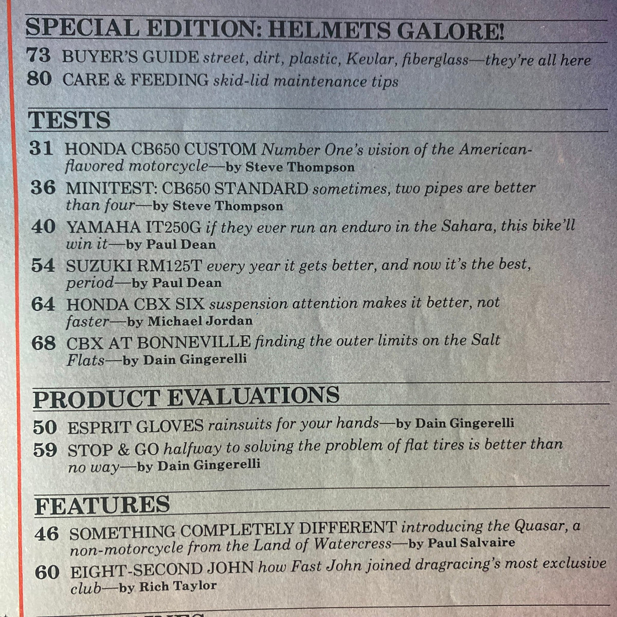 Table of contents from Cycle Guide Magazine December 1979, highlighting articles on Honda CB650 Custom and helmet safety.
