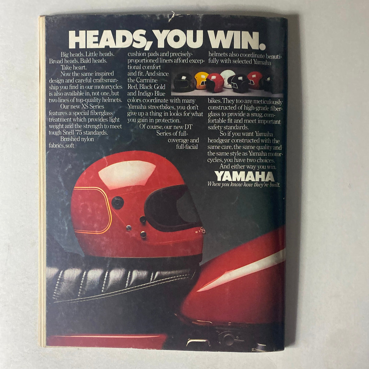 Cycle Guide Magazine December 1979 featuring an advertisement for Yamaha motorcycle helmets, showcasing a red helmet alongside various helmet colors against a black background, emphasizing motorcycle safety and style.