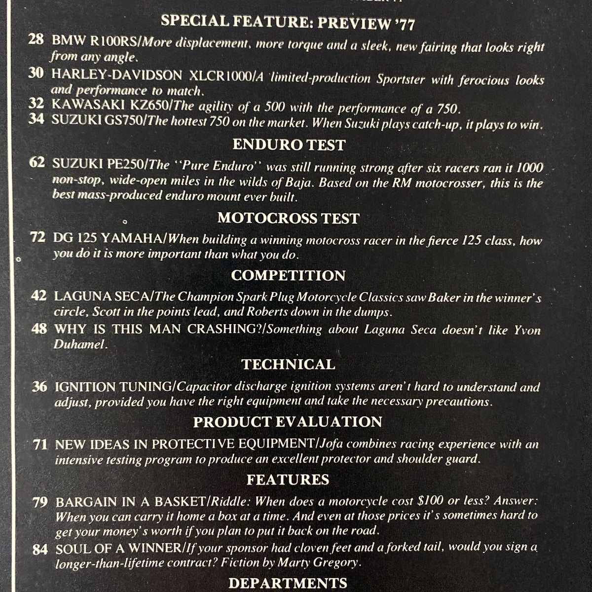 Table of contents page from Cycle World Magazine November 1976, detailing articles including BMW R100RS review, Harley-Davidson XLCR1000, and Suzuki motorcycle tests.