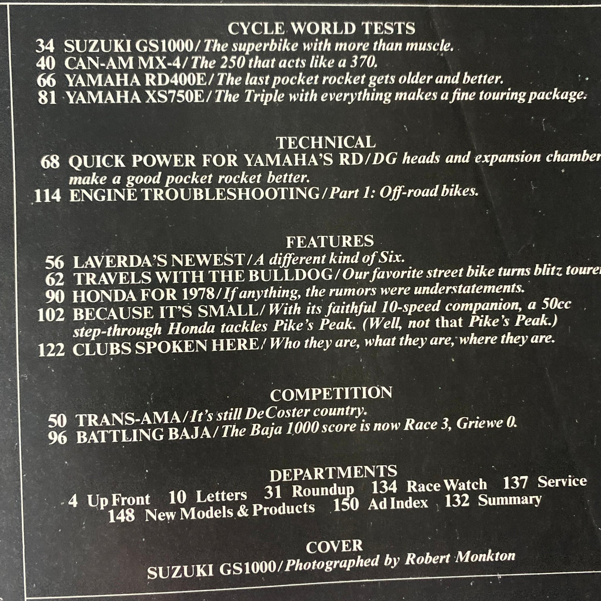 Back cover of Cycle World Magazine March 1978 showcasing article topics, including tests for Suzuki GS1000 and technical insights.