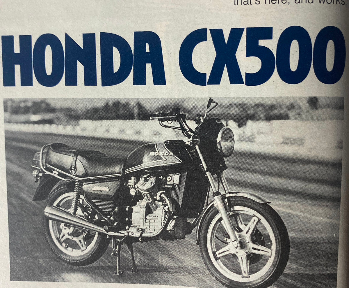 Black and white photograph of the Honda CX500 motorcycle featured in Cycle Magazine May 1978 showcasing its design and performance.