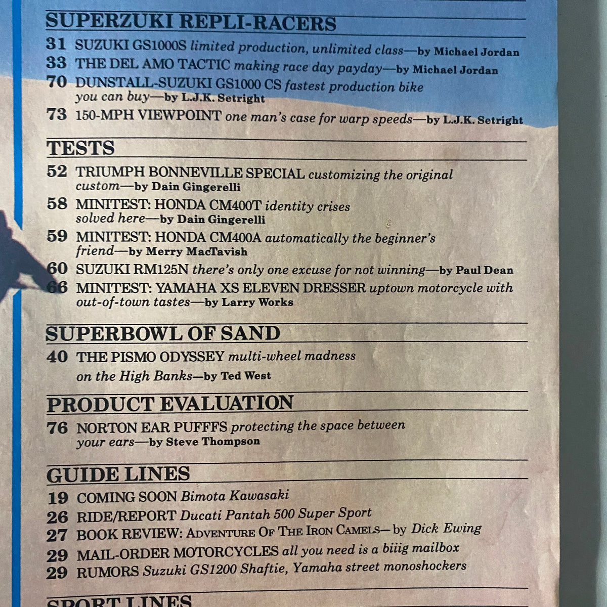 Table of contents from Cycle Guide Magazine July 1979, featuring a list of articles including Suzuki GS1000S and Triumph Bonneville Special, highlighting vintage motorcycle features.