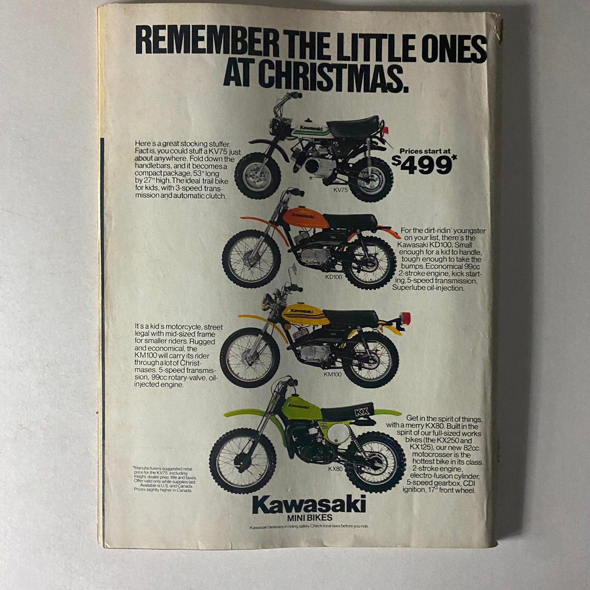 Advertisement for Kawasaki mini bikes from Cycle Guide Magazine December 1978, showcasing models ideal for children with pricing information.