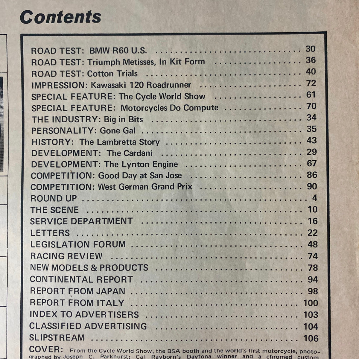 Contents page of Cycle World Magazine July 1968 listing featured articles including BMW R60 U.S. road test.