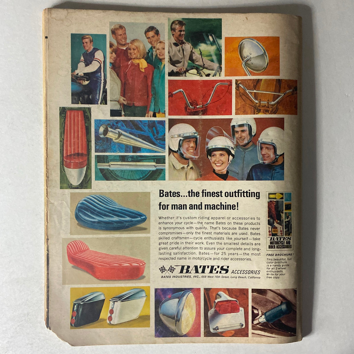 Cycle World Magazine July 1968, showcasing a colorful advertisement for Bates accessories, featuring various motorcycle riding gear and accessories suitable for enthusiasts.