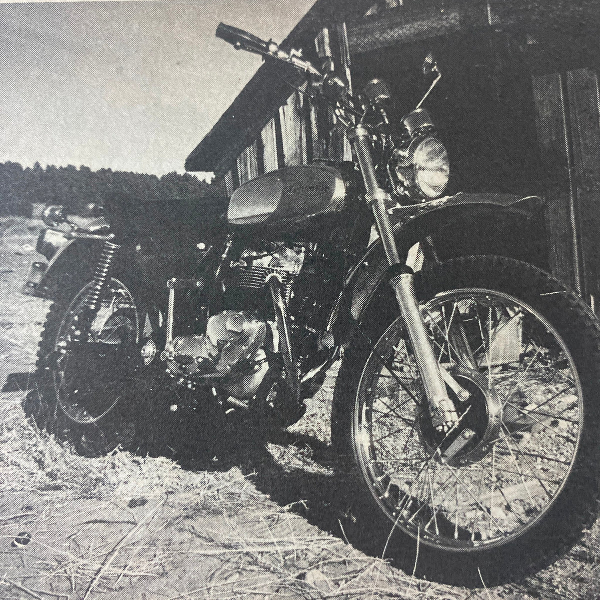 Black and white image of a vintage motorcycle featured in Cycle World Magazine May 1974, showcasing the 352cc Pomeroy Replica's classic design.