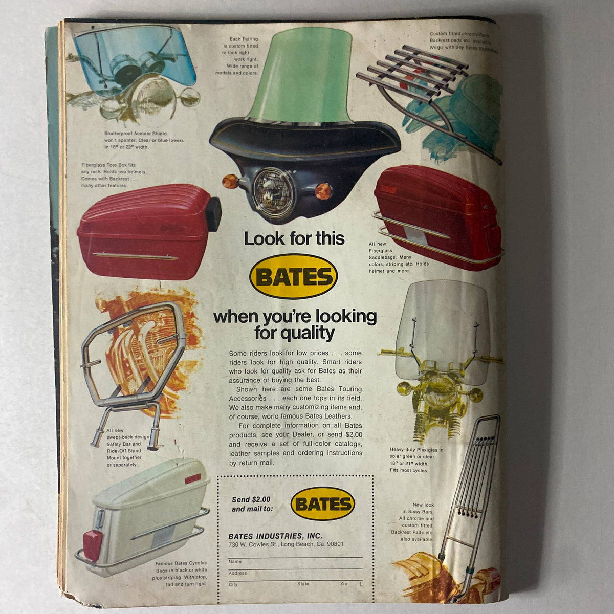 Advertisement page from Cycle World Magazine May 1974, featuring Bates motorcycle accessories, enhancing the value of the 352cc Pomeroy Replica issue.