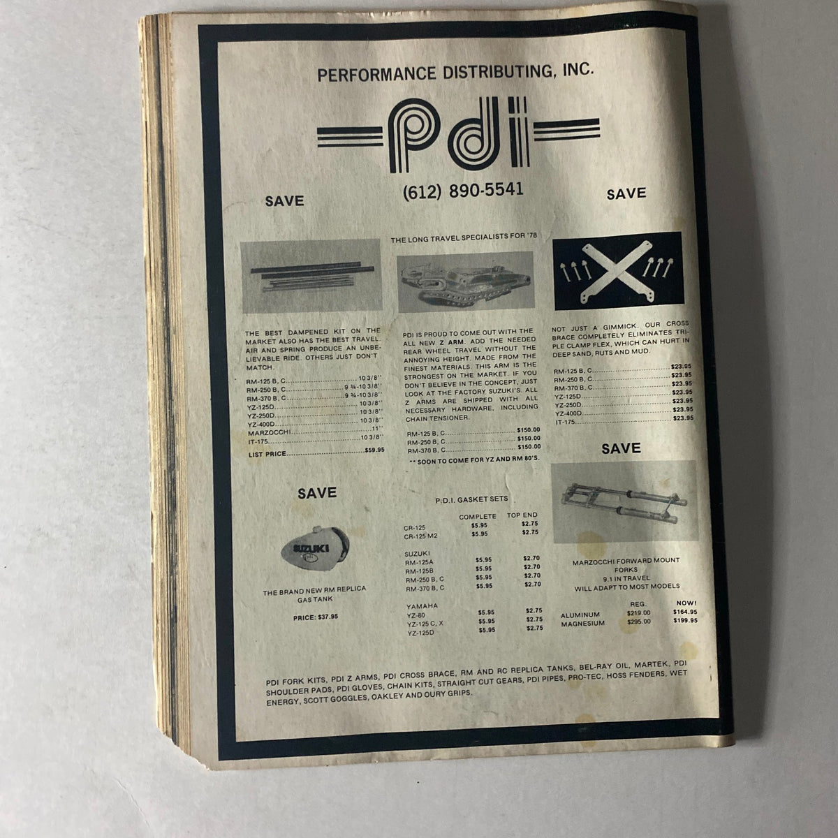 Motor Cycle World Magazine January 1978 Silver Jubilee Tiger 750 GD Interior displaying a page from Performance Distributing, Inc., featuring motorcycle parts and accessories, relevant to collectors and enthusiasts.