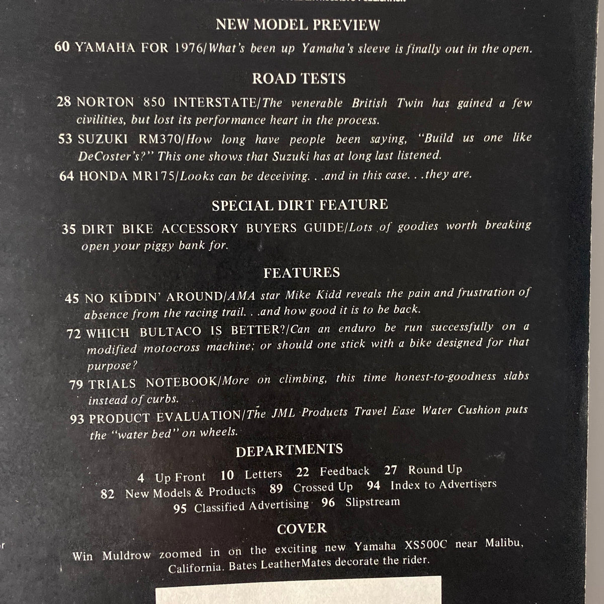 Back cover of Cycle World Magazine December 1975 highlighting articles on new models and road tests, featuring Yamaha, Norton, and Suzuki motorcycles.