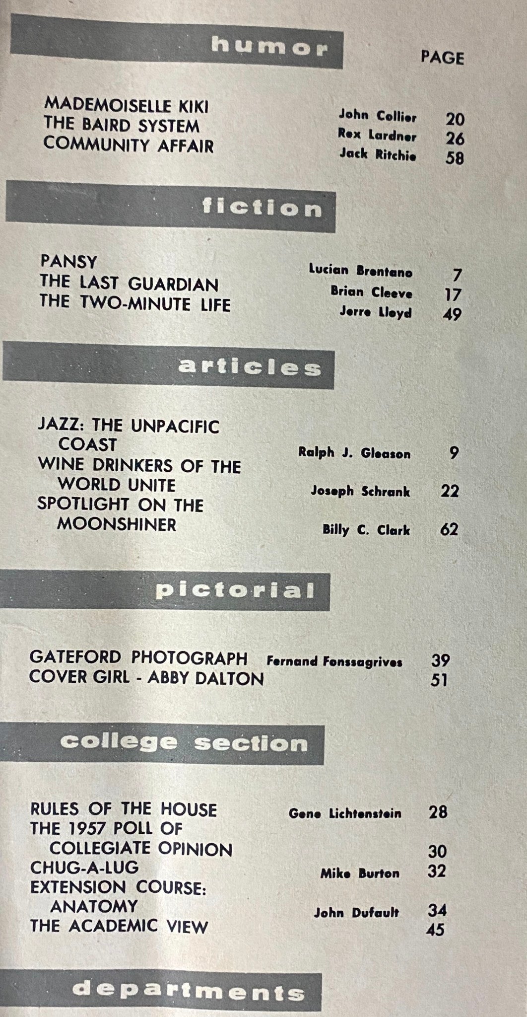 Table of contents from Nugget Magazine November 1957, highlighting sections on humor, fiction, articles, and pictorials, including the feature on cover girl Abby Dalton.