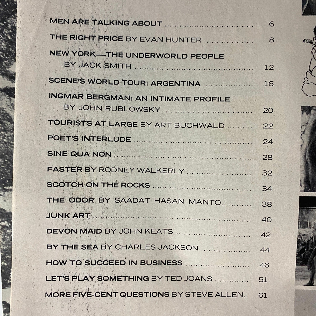 Table of contents of Scene Magazine April 1962 showing articles including 'Men Are Talking About' and 'Ingmar Bergman: An Intimate Profile'.