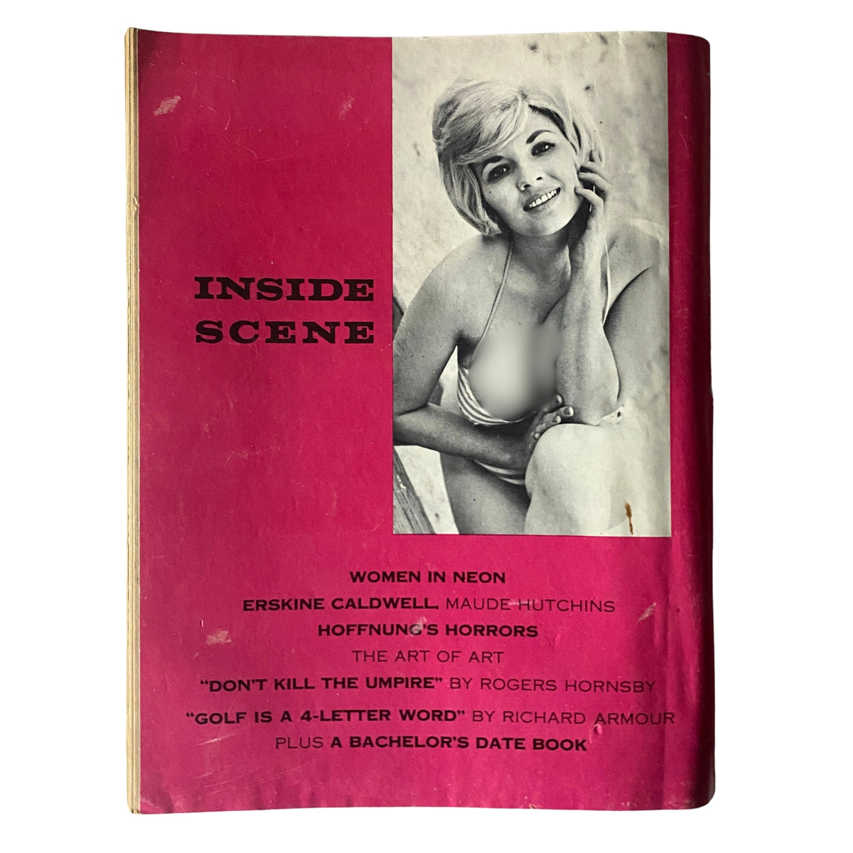 Back cover of Scene Magazine, April 1963, displaying the title 'Inside Scene' along with key article highlights and a captivating image of a woman, enhancing the vintage aesthetic.