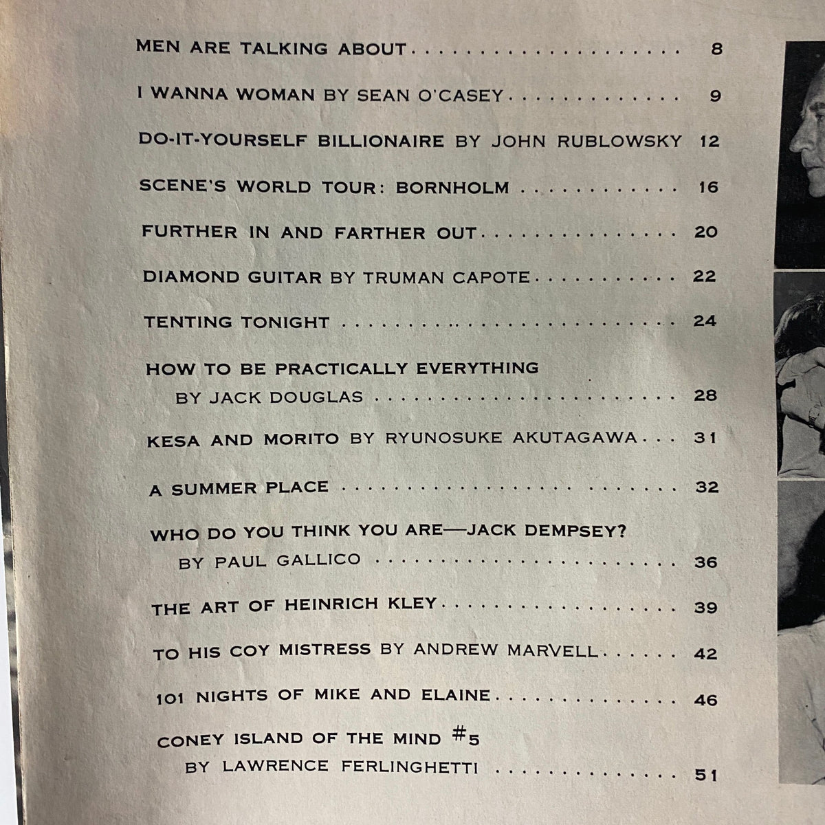 Table of contents from Scene Magazine June 1961 featuring works by Sean O'Casey, Truman Capote, and Jack Douglas. Designed to highlight literary contributions and cultural reflections of the early 1960s.