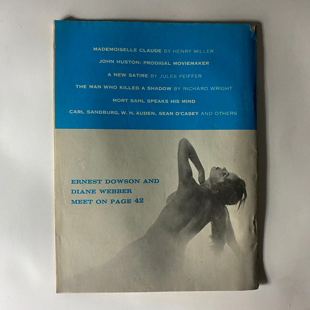 Cover page of Scene Magazine August 1961 featuring the titles of notable articles including contributions from Ernest Dowson and Diane Webber, complemented by a striking monochromatic image.