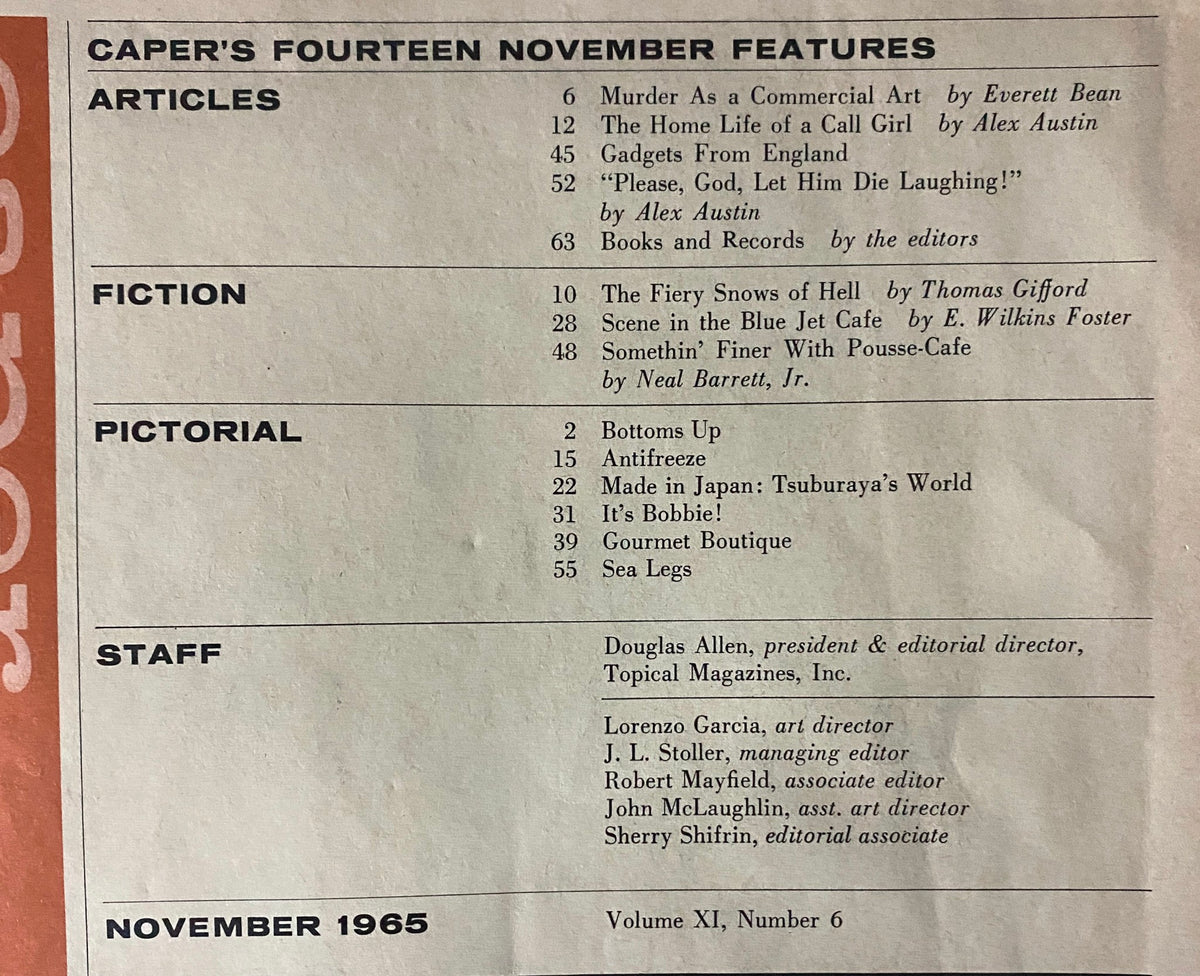 Table of contents for Caper Magazine November 1965, Volume 11, No. 6 highlighting articles on crime, fiction, and pictorial features.