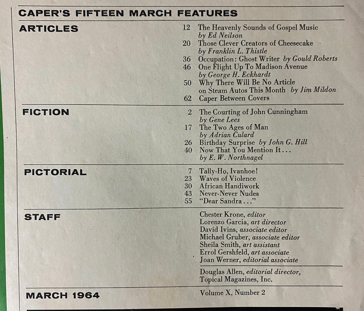Caper Magazine March 1964, Volume 10, No. 2 interior page showcasing a listing of features including articles on gospel music, fiction, and pictorials, reflecting the diverse cultural content of the magazine.