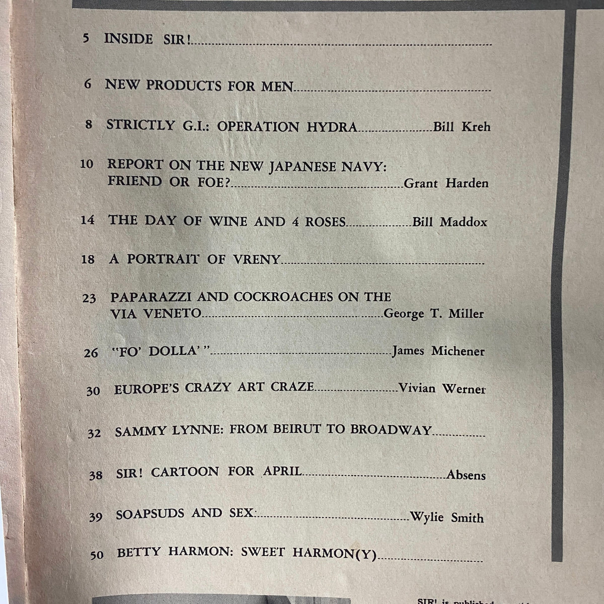 Table of contents from Sir! Magazine, April 1963 listing articles including 'Strictly G.I.: Operation Hydra' and 'Paparazzi and Cockroaches on the Via Veneto'.