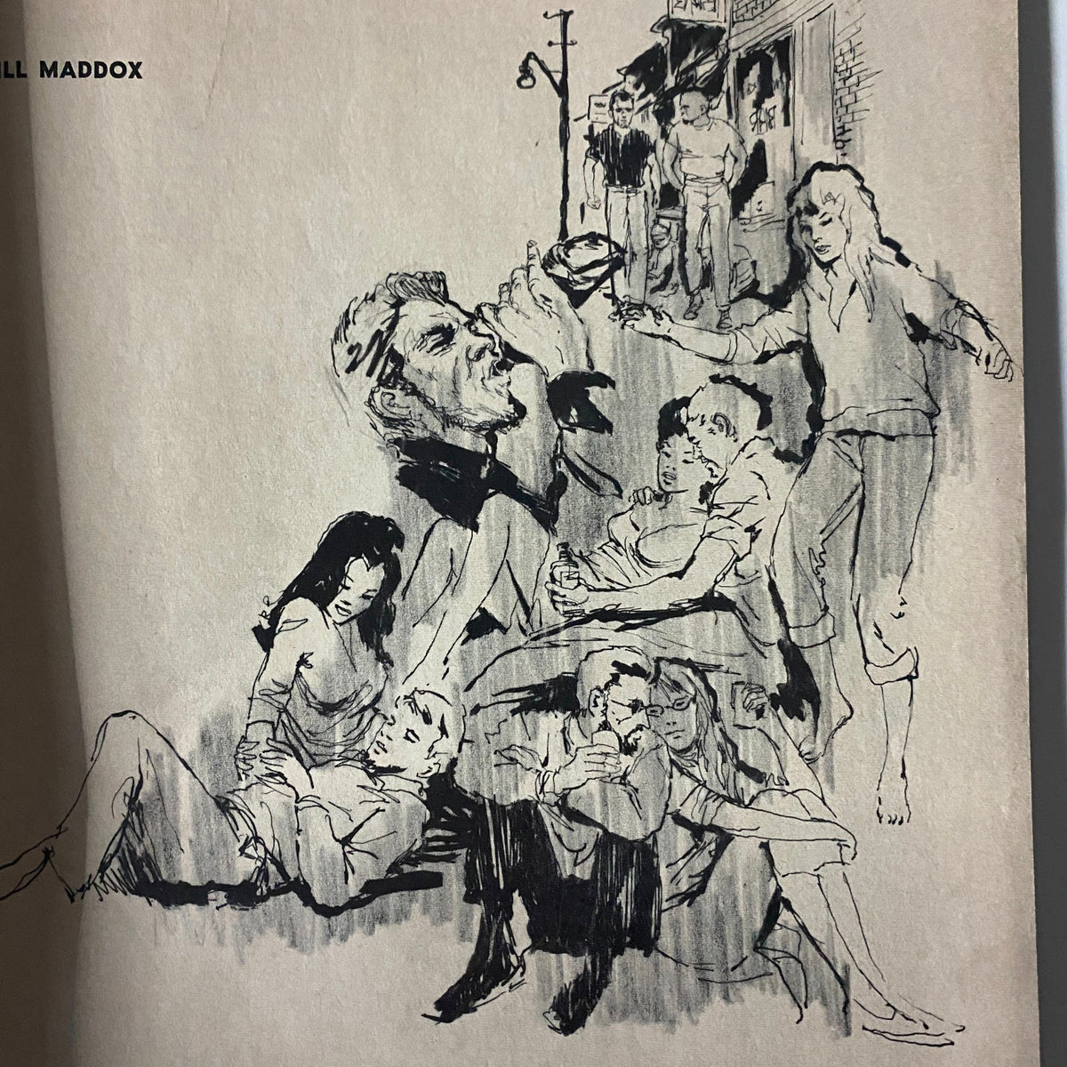 Illustration from Sir! Magazine, April 1963 by Bill Maddox depicting beatnik culture and nightlife activiies.