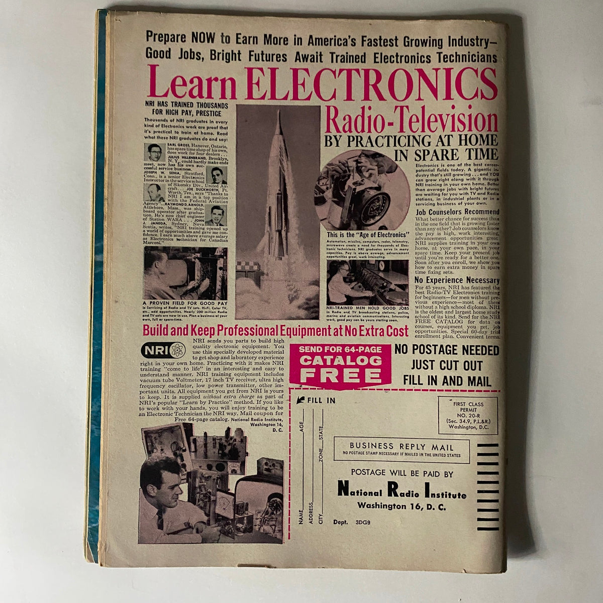 Advertisement in Sir! Magazine, April 1963 promoting electronics training programs, showcasing a vintage design and techniques for aspiring technicians.