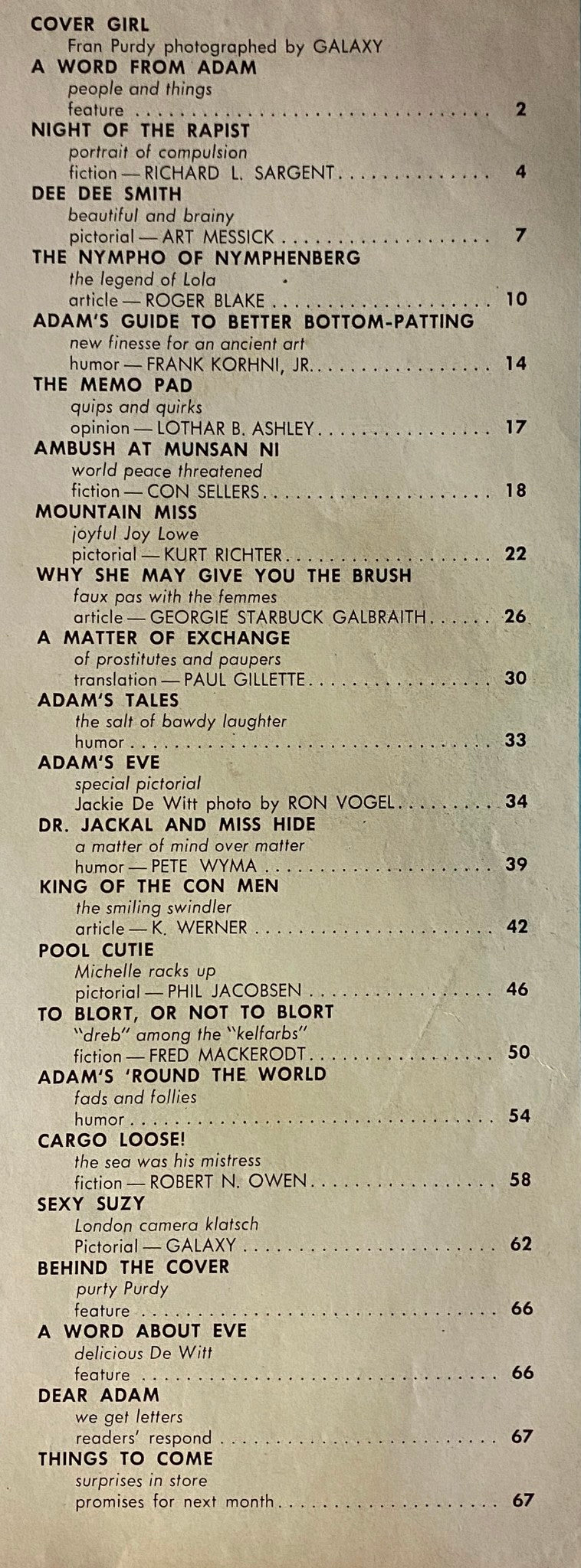 Table of contents from Adam Magazine April 1964 Vol 8 No. 4 featuring articles like 'Night of the Rapist' and 'Dr. Jackal and Miss Hide'.