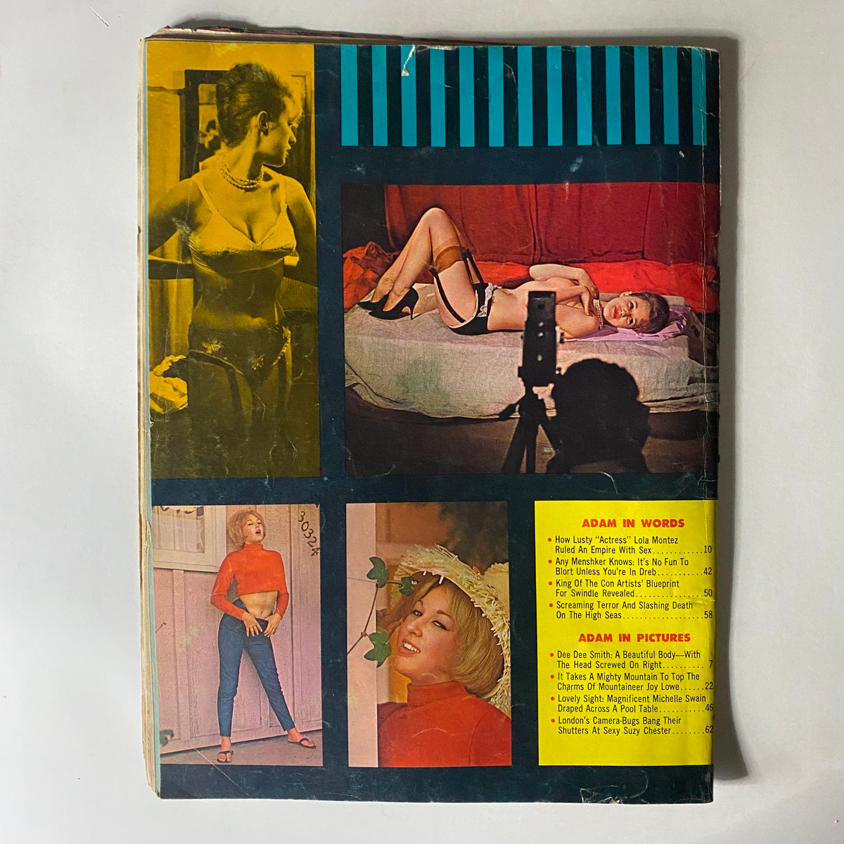 Back cover of Adam Magazine April 1964 Vol 8 No. 4 showcasing promotional images and text related to its featured content.