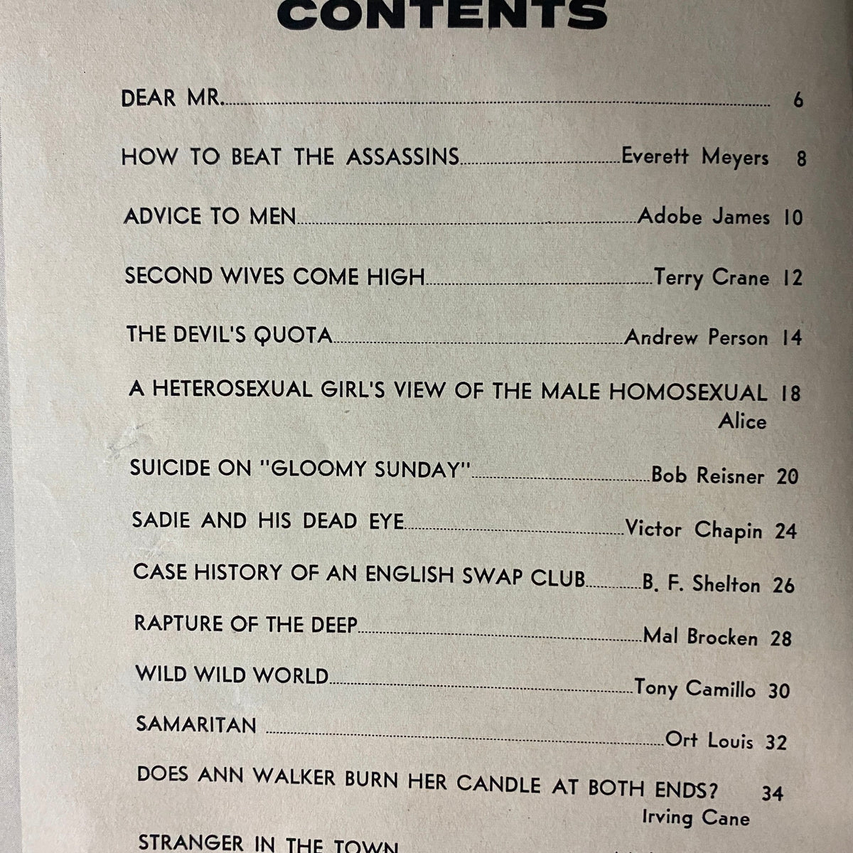 Contents page of Mr. Magazine March 1964 Vol 8 No. 4, listing articles including 'How to Beat the Assassins' and 'Sadie and His Dead Eye'. This page reflects the magazine's focus on relationships, crime, and societal issues in a historical context.