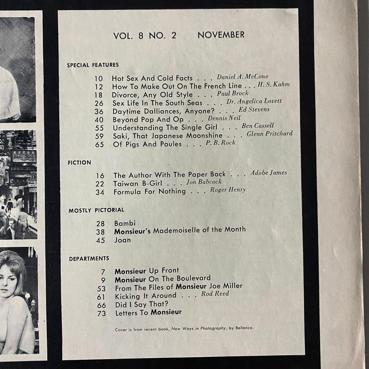 Inside page of Monsieur Magazine November 1965 displaying the contents list, featuring notable articles and topics including 'Hot Sex and Cold Facts' and 'Understanding the Single Girl.'