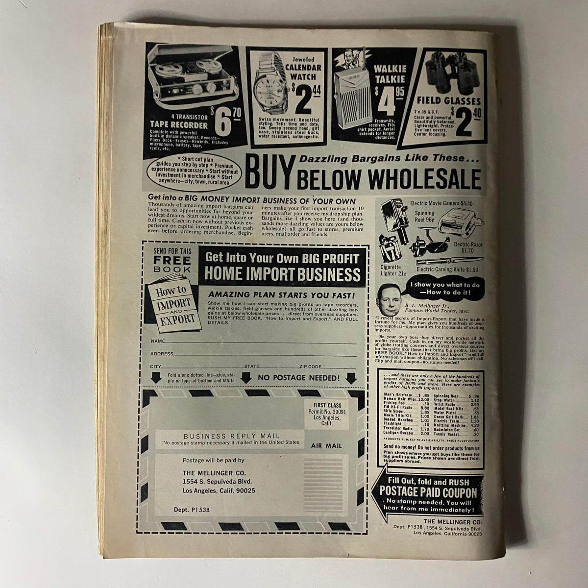 Back cover of Monsieur Magazine November 1965 displaying advertisements for various products, highlighting vintage marketing of the 1960s.