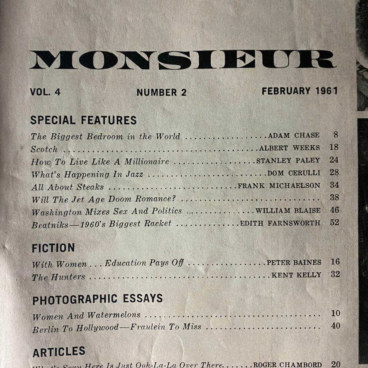 Contents page of Monsieur Magazine February 1961, detailing special features and articles like 'The Biggest Bedroom in the World' and 'Women and Watermelons'.
