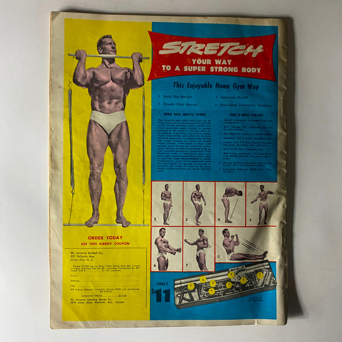 Monsieur Magazine February 1961 with an advertisement for a home gym program titled 'Stretch Your Way to a Super Strong Body', showcasing fitness culture of the 1960s.
