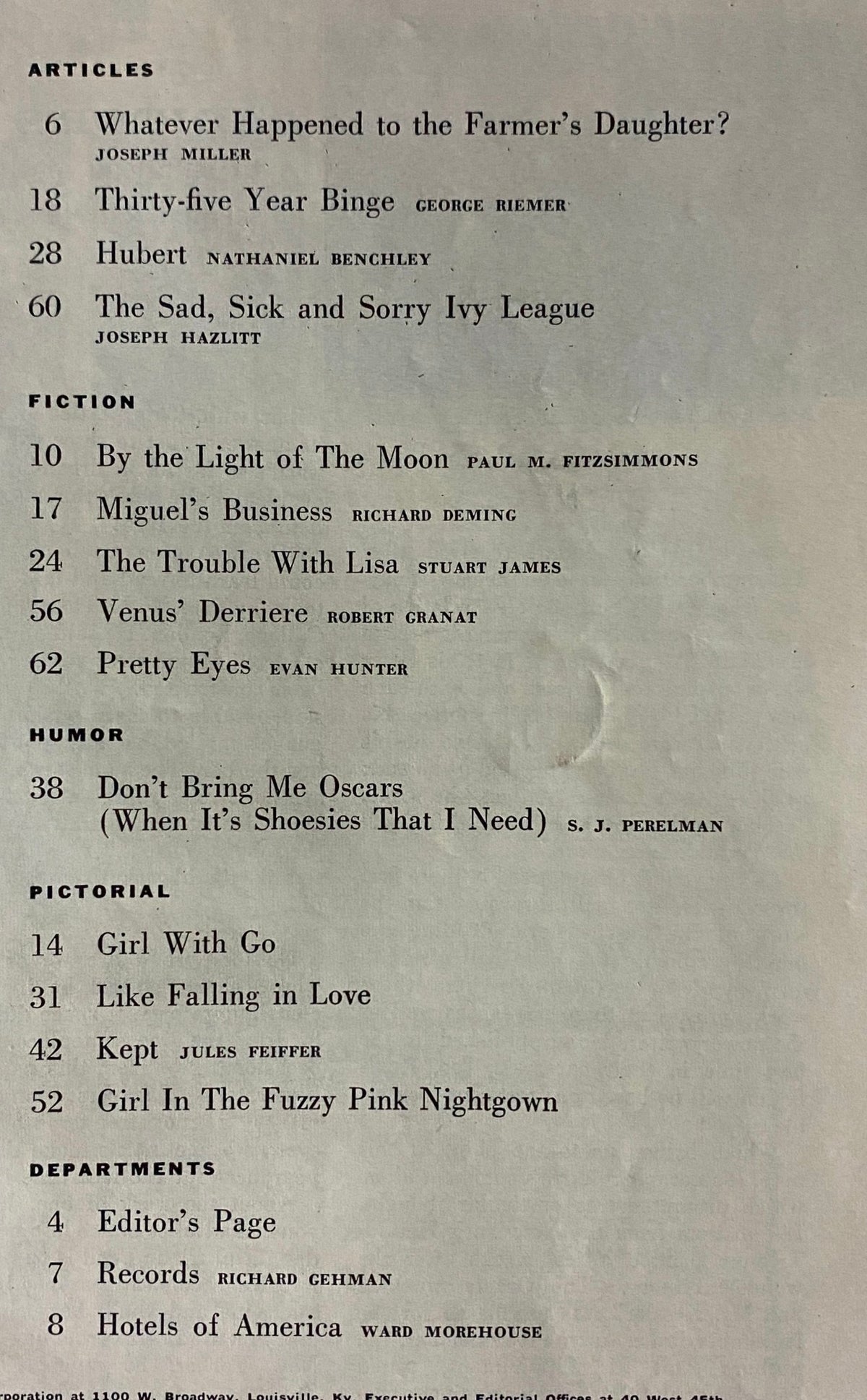 Contents page of Rex Magazine December 1957, listing articles and features including critiques of Ivy League elitism and humorous commentary by S.J. Perelman.